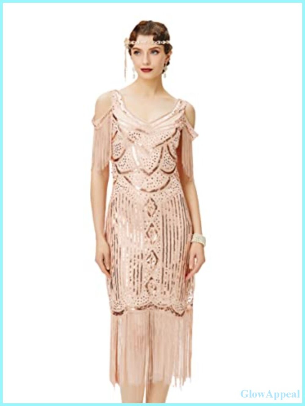 1920s Vintage Flapper Dress with Sequins & Beaded Stripe, V-Neck, Sleeveless,